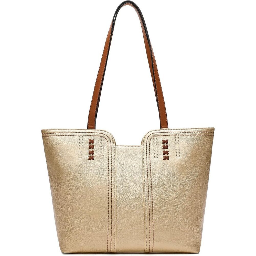 〽️Women's Light Gold Leather Classic Top Handle Zipper Pockets Casual Tote Bag